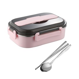 Yharnamite Thermal Lunch Box, 2-Compartment Stainless Steel Keep Warm Lunch Box Portable Leakproof Insulated Lunch Box with Cutlery Holder for Students, Office Workers, Travel (Pink)