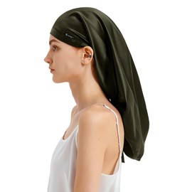 LilySilk Silk Sleep Cap 100% Mulberry Silk Long Silk Bonnet for Curly Hair, Night Cap for Sleeping, Silk Hair Wrap Olive Green