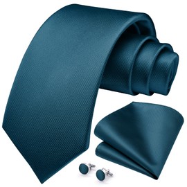 HISDERN Men's Wedding Ties and Pocket Square Solid Tie Cufflinks Set, dark green