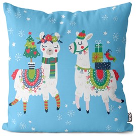 VOID Lamas Christmas Blue Cushion Cover Polyester Waterproof Outdoor Indoor Cushion Size: 50 x 50 cm