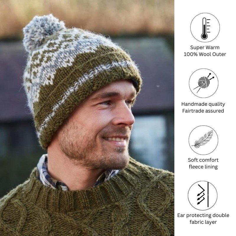 Pachamama Men Wool Beanie Bobble Hat Fleece Lined Handknitted Contemporary
