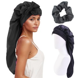 LadayPoa Long Sleep Cap with Hair Ties for Women Long Hair Bonnet for Curly Hair Waterproof Satin Hair Cap for Sleeping Long Adjustable Satin Bonnet for Women Black