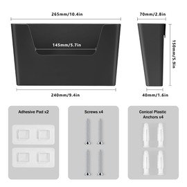 JOMOLA No Drilling Wall File Holder 2 Pack Mail Organizer Adhesive Wall Mount File Organizer Holder Office Wall Hanging Files Organizer Envelope Magazine holder Wall Mounted Plastic, Black Color