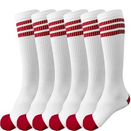 juDanzy 3 Pairs of Knee High Boys or Girls Stripe Team Tube Socks for Soccer, Basketball, Baseball and Everyday Wear, White with Red Stripes, 6-10 Years