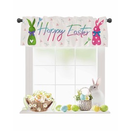 Easter Valances for Windows Bunny Heart Carrot Window Valances Rod Pocket Spring Flowers Watercolor Plants Window Treatment Spring Holiday Decor Valances for Kitchen Living Room Bedroom, 54x18in