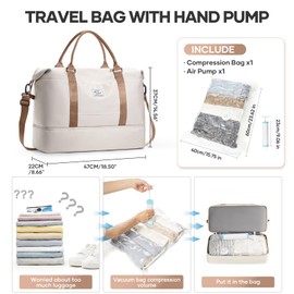 Travel Duffel Bag with Vacuum Bags & Vacuum Pump, Sports Gym Tote Bag for Women, Carry on Luggage Bag for Airplanes, Lightweight Weekender Overnight Bag Waterproof Beach Hospital Bag,O11-Beige Brown