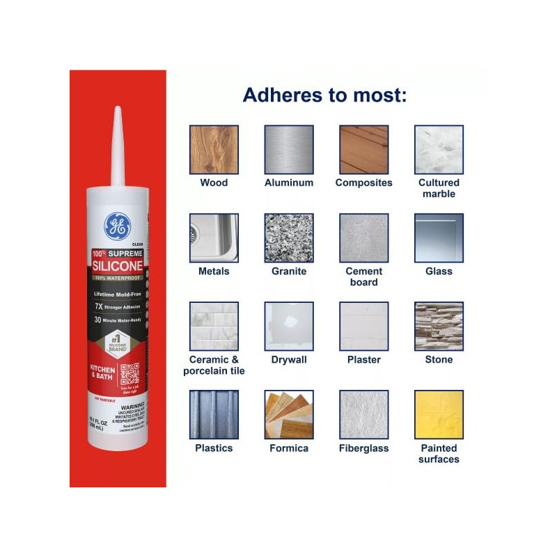 GE Supreme Silicone Caulk for Kitchen & Bathroom, Clear, 10