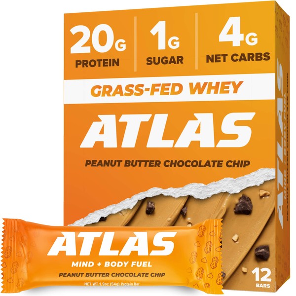 Atlas Protein Bar, 20g Protein, 1g Sugar, Clean Ingredients, Gluten Free, Peanut Butter Chocolate Chip (12 Count, Pack of 1)