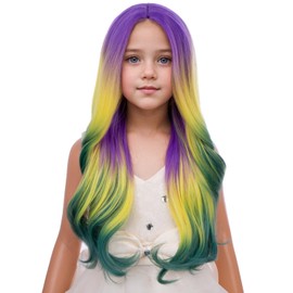 PATTNIUM Mardi Gras Wig for Girls Kids Purple Yellow Green Ombre Wig Long Multi Color Wavy Curly Wigs Children Colorful Middle Part Synthetic Wigs