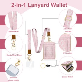 LAOTANGJIA ID Badge Holder with Lanyard Leather with 1 Zip Pocket and 3 Card Slots Keychain Phone Lanyard Wrist Strap, RFID Blocking, for Office School Business Security Staff Women-Polka Dot Bow