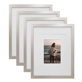 KINLINK 11x14 Picture Frames Silver - Wood Frames with Acrylic Plexiglass for Pictures 5x7/8x10 with Mat or 11x14 without Mat,Tabletop and Wall Mounting Display, Set of 4