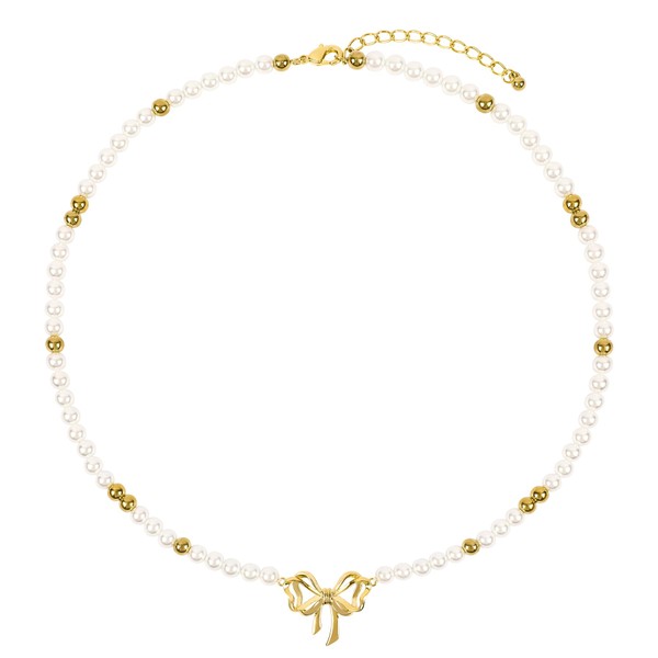 Pearl Choker Necklace for Women 14K Gold Plated Bow Necklace