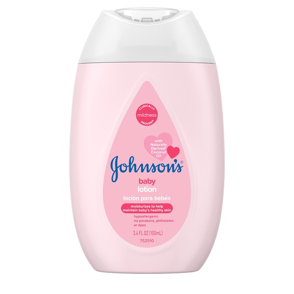 Johnson's Moisturizing Mild Pink Baby Lotion with Coconut Oil for Delicate Baby Skin, Paraben-, Phthalate- & Dye-Free, Hypoallergenic & Dermatologist-Tested, Baby Skin Care, 3.4 Fl. Oz