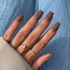 Brown Press on Nails Short Medium Square Glue on Nails Set,Xcreando Summer Square Fake Nails Short Coffin Nails Press ons Gel Nails Medium Length False Nails For Women 24 Pcs