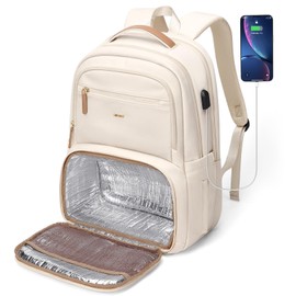 MDODO Lunch Backpack for Women Men,15.6Inch Insulated Cooler Lunch Box Laptop Backpack with USB Charging Port for Travel Picnic Work,Beige