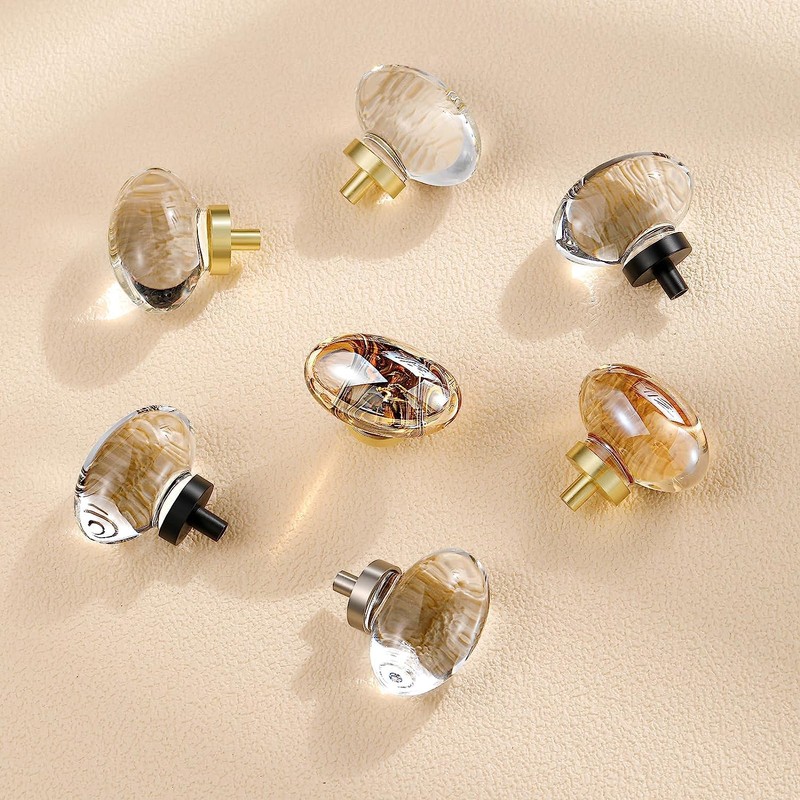CLCTK 16 Pack Gold Champagne Crystal Cabinet Knobs, Oval Glass