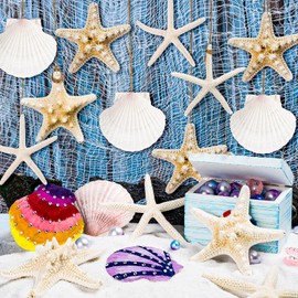 JMZYJZH 15 Pcs Starfish Decor, Small Starfish for Crafts, Tiny Sea Shells for Crafting, Scallop Clam Shells for DIY Ocean Themed Party Supplies