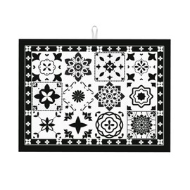 Retro Black Pattern Dish Drying Mat 18x24 For Kitchen Counter Absorbent Microfiber Dishes Pad Dish Drainer Rack Mats Fast Dry Kitchen Accessories