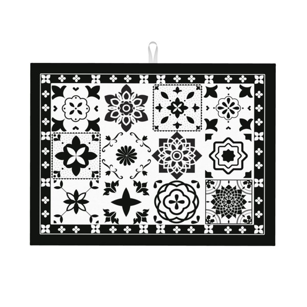 Retro Black Pattern Dish Drying Mat 18x24 For Kitchen Counter