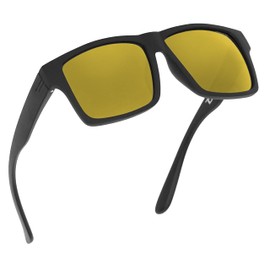 TOROE TR90 Square Frame Grade A Polarized Black Emblem Sunglasses with Anti Reflective Water Repellent Polycarbonate Lenses (Matte Black Frame, Gold Mirror (Category 3))