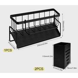 ACTIUSIS Sink Utensils Storage Sink Organiser Kitchen Organiser Sink Organiser Black with 2 Sticks Holder Kitchen Organiser Stainless Steel