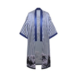 PRODESIGN Mens Houndstooth Kimono Robe - Long Satin Sleepwear Silky Nightgown Bathrobe Dressing Gown Cardigan Beach Cover Up