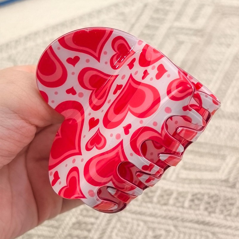Heart Pattern Print Heart Shape Hair Claws 2.6" Pink Hair