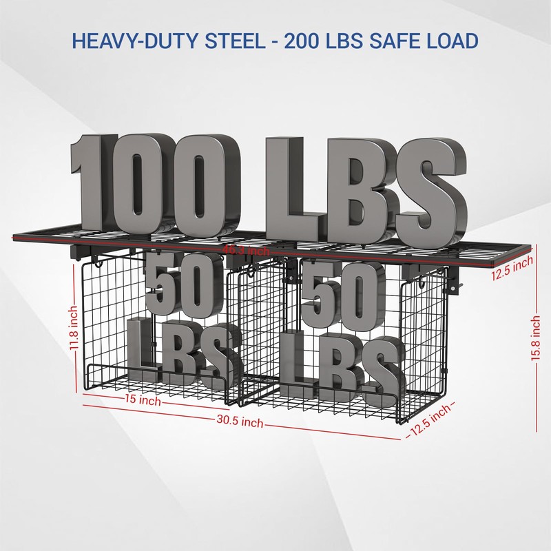 1x4ft Heavy Duty Garage Wall Shelving with 2 Wire Baskets,