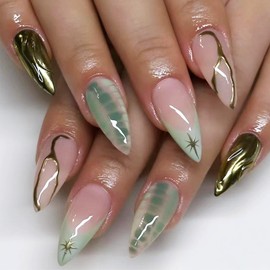 24 Pcs Green Press on Nails 3D Curve Line False Nails Glossy Gold Star Acrylic Fake Nail French Tips Gel Glue on Nail Turtle Pattern Stick on Medium Almond Fingernails for Coquette Women Girls