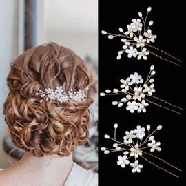 Sppry Elegant Pearl Wedding Hair Pins, Bendable Floral Crystal Hair Accessories for Bridal Women, Pack of 3 (Gold)
