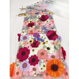 Singring 3D Flower Embroidery Lace Fabric, 51.2" Wide Embroidery Lace Apparel Fabric Soft Tulle Mesh Embroidered Lace Trim DIY Wedding Dress Casual Wear Dresses Tops Skirt (White,1 yard)