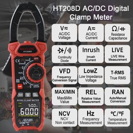HT208D Inrush Current Clamp, True-RMS Multimeter with VFD, NCV and RAN Function, Measures AC/DC Voltage and Current, Temperature, Capacitance, Resistance, Diodes, Continuity, Relative Value, LowZ