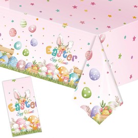 SOPSTUO Easter Table Cloth - Colorful Easter Bunny Eggs Table Cover Plastic Easter Tablecloth Disposable Rectangle Spring Easter Egg Table Cover for Easter Table Decorations 137X274CM