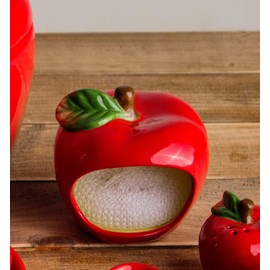 Farmhouse Decor Kitchen Sink Scrubby Holder Ceramic - With Nylon Dish Scrubber (Red Apple)