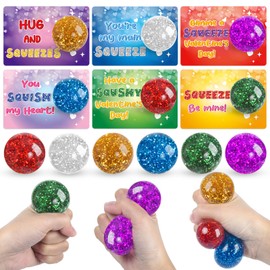 24 Packs Valentine's Day Cards with Glitter Stress Squishy Balls Toy for Classroom Exchange, Valentine's Gifts Party Favors for Boys Girls School, Valentine's Prizes for School