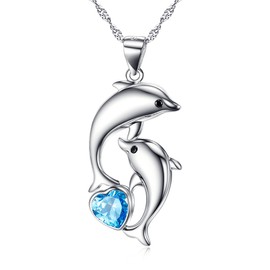 Dolphin Necklace 925 Sterling Silver Mothers Day Gifts For Women Necklace Chains (Heart Blue Dolphin Necklace)