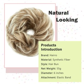 Hairro Messy Hair Bun, Ombre Sandy Brown Bleach Blonde Fake Hair Bun Piece 55g Large Messy Bun Hairpieces Thick Curly Scrunchies Updo Synthetic Extensions for Women