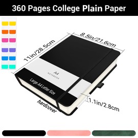 Yarotm A4 Notebook Plain - PU Leather Notebook 21.6x28.5cm - 100g/m² Blank Paper Notepad - Notebook A4 Hardcover 360 Pages - Travel Journal Black Notebooks Note Pad for Daily Writing