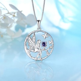 FJ Guardian Angel Necklace Pendant, 925 Sterling Silver, Angel Chain, Women's Fairy Butterfly Tree of Life Necklace with Birthstone, Cubic Zirconia Jewellery Gifts for Women and Girls, Sterling