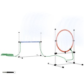 FocusOnHome 3 Piece Dog Agility Training Equipment Set, Dog Obstacle Course with Adjustable Height Jumping Ring and Hurdle, Spray Water Tube, Carry Bag, Whistle, White