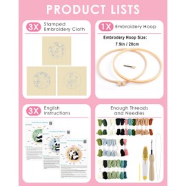 TINDTOP 3 Sets Punch Needle Embroidery Kits, Panda Punch Needle Kits for Adults Beginner, Tool with Punch Needle Fabric, Hoops, Yarns and Sewing Needles