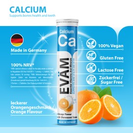 EVÄM Calcium Effervescent Tablets Orange I Flavour Orange I 24 x 20 Pieces I Dietary Supplement with Important Vitamins for Daily Vitamin Needs I Vegan I Sugar Free I Made in Germany
