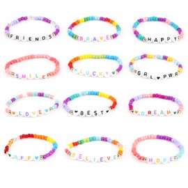 12 Pcs Kids Bracelets for Girls Letter Beads Bracelets Bead Woven Bracelets Braided Stretch Friendship Bracelets Toddler Baby Cute Princess Bracelet Jewelry Accessories for Birthday Party Favors