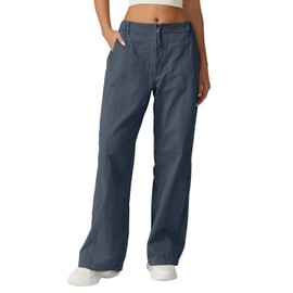 QINSEN High Waist Cargo Pants for Women Front Zip Relaxed Fit Wide Leg Pants Casual Lightweight Woven Pants Dark Slate M