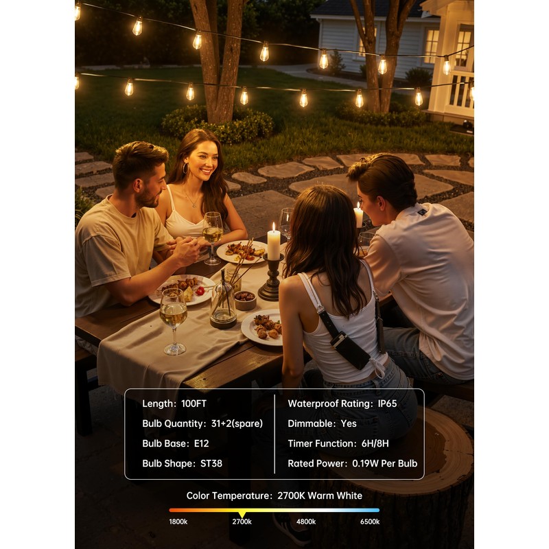Minetom 100FT Outdoor String Lights with Remote, ST38 Patio Lights