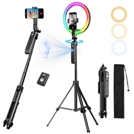 Upgraded Auto Face Tracking Tripod 360° Rotation with Stand, 10" RGB Ring Light Phone Tripod & Selfie Stick with Remote and Gesture Control, No App, Built-in Tracking Camera for Video/Live Streaming