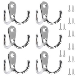 6 PCS Double Prong Robe Hooks Dual Coat Hooks Door Hooks with 16 PCS Screws Chrome Wall Mounted Hooks for Hanging Hat Tie Clothes Towel Metal Retro Cloth Hanger Silver for Bedroom Bathroom Kitchen