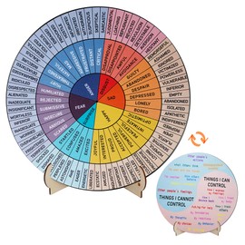 Feelings Wheel Therapy Office Decor, 5.8 Inches Diameter Double Sided Mental Health Decor Emotion Wheel with Stand, Wooden Coping Wheel Chart Gifts for School, Therapy Office, 2025 Upgrade