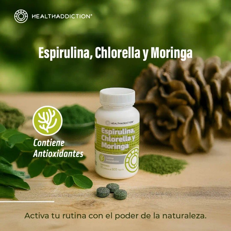 Healthaddiction Complejo Espirulina Moringa Chlorella Suplemento Alimenticio Antioxidantes Naturales Vitaminas