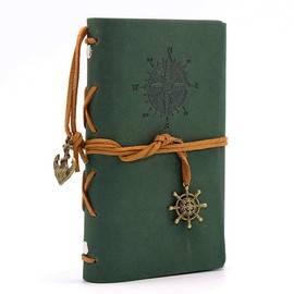 Leather Writing Journal Notebook, EvZ 5 Inches Vintage Nautical Spiral Blank String Diary Notepad Sketchbook Travel to Write in, Unlined Paper, Retro Pendants, Classic Embossed, Dark Green